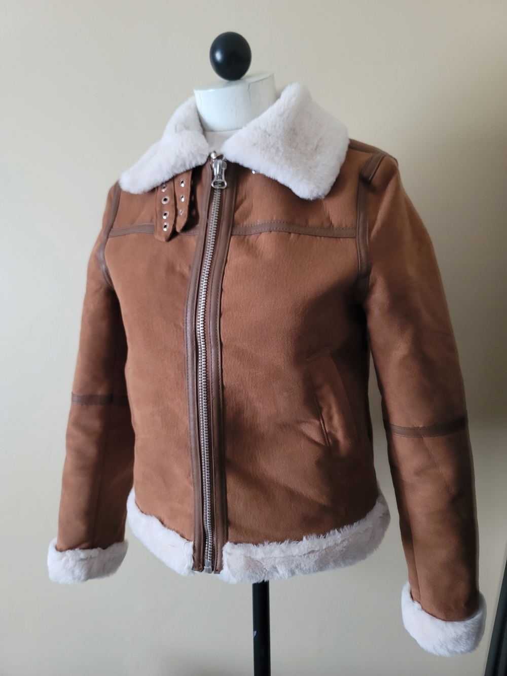 H&M Divided Faux Suede Aviator Jacket With Faux Fur Lining And Trim Size XS